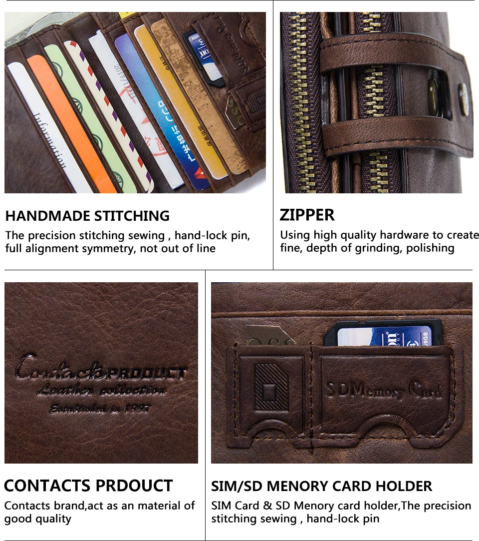 CONTACT'S Genuine Crazy Horse Leather Mens Wallet Man Cowhide Cover Coin Purse Small Brand Male Credit&ID Multifunctional Walets 30