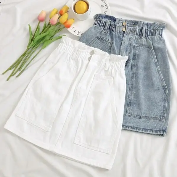 Elastic Waist Summer Women Denim Skirt Pockets Sexy White High waist jeans Skirts A-line Ruffles Female mini saia mujer DA686
Elastic Waist Summer Women Denim Skirt Pockets Sexy White High waist jeans Skirts A-line Ruffles Female mini saia mujer DA686