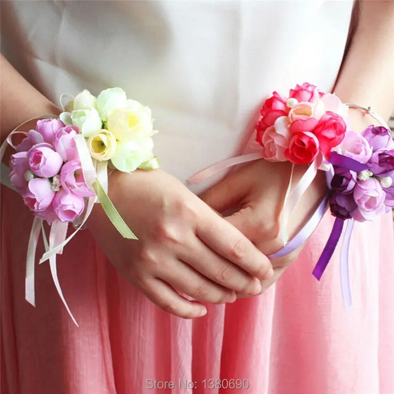 Image Artificial Flowers 10pc L Hand Flower Bridesmaid Silk Rose Wrist Corsage Flowers Artificial Bride Flowers Wedding Decor