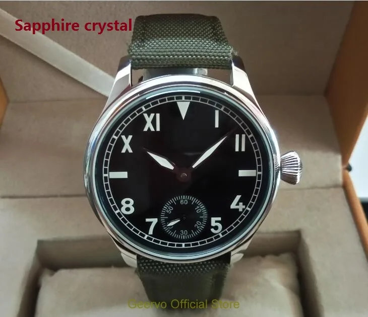 Sapphire crystal 44mm GEERVO black dial Asian 6497 17 jewels Mechanical Hand Wind movement men's watch green luminous 045A
Sapphire crystal 44mm GEERVO black dial Asian 6497 17 jewels Mechanical Hand Wind movement men's watch green luminous 045A