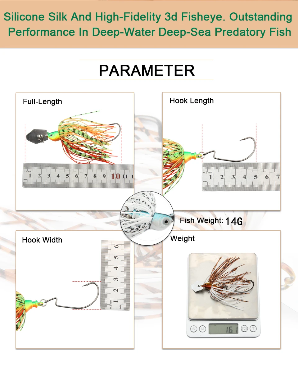 RoseWood 1PCS Buzz Bait Fishing Lure 14g Lead Head Metal Spoons, Soft Elastic Silicone Skirt Spinner Bait Lures For Bass Fishing (3)
