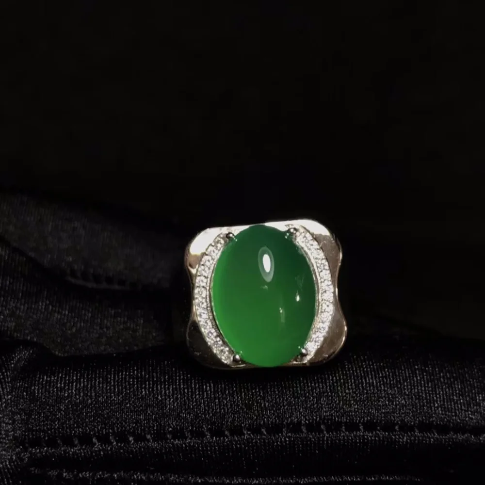 Natural green chalcedony men's ring atmospheric style heavy silver feel good 925 cheap | Украшения и аксессуары