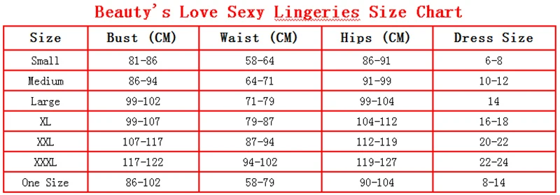 Sexy underwear size table