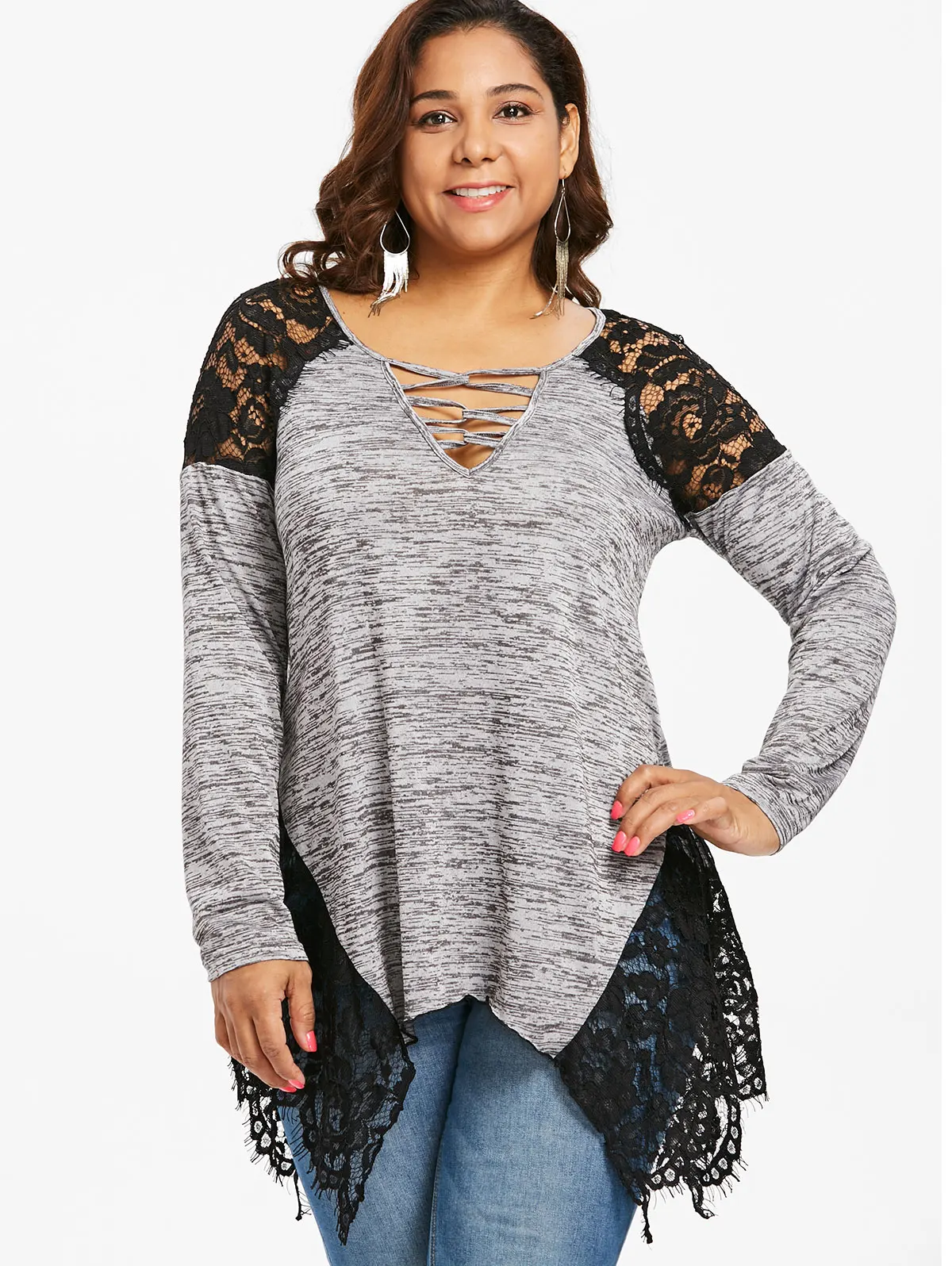 Wipalo Casual Women Plus Size Sexy V-Neck Lace Panel Marled Handkerchief Hem Full Sleeve T-Shirts Ladies Clothes Large Sizes
Wipalo Casual Women Plus Size Sexy V-Neck Lace Panel Marled Handkerchief Hem Full Sleeve T-Shirts Ladies Clothes Large Sizes