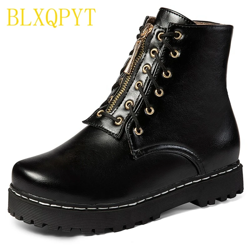 

BLXQPYT женские зимние очень большие размеры 30-52 новые сапоги с круглым носком и пряжкой пикантные Ботильоны на каблуке 8 см модная повседневная обувь на молнии для снега 3020-1