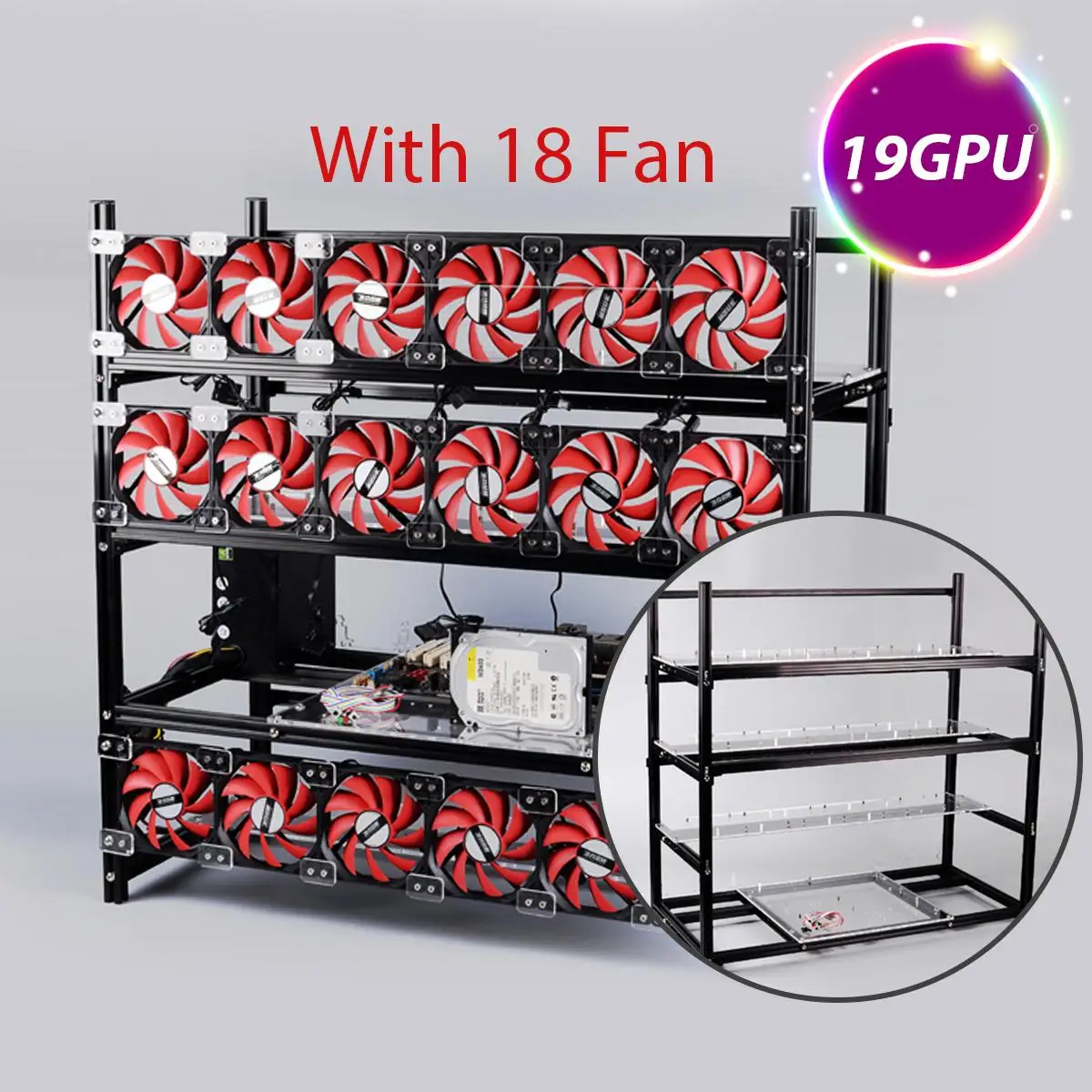 19 GPU Mining Rig Aluminum Stackable Case Open Air Frame ETH/ZEC/Bitcoin Support 18 Fans
19 GPU Mining Rig Aluminum Stackable Case Open Air Frame ETH/ZEC/Bitcoin Support 18 Fans