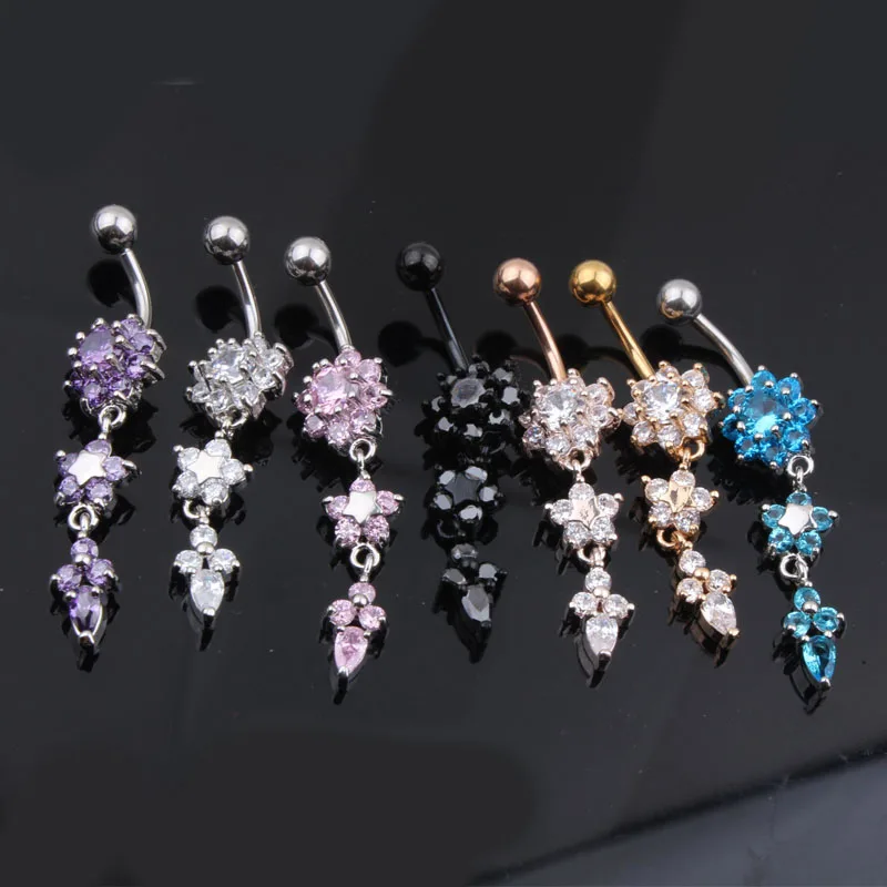Women's Popular Special Crystal Flower Dangle Navel Ring Zircon Belly Button Ring Body Piercing Jewelry 14G 316L Surgical steel
Women's Popular Special Crystal Flower Dangle Navel Ring Zircon Belly Button Ring Body Piercing Jewelry 14G 316L Surgical steel