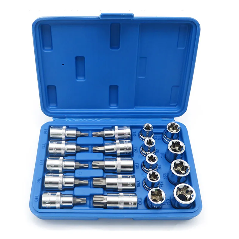 19pc Kit 1/2 Inch Drive Star Socket Bit Socket Set External E10 to E24, Torx T20 to T70 Socket Bits
19pc Kit 1/2 Inch Drive Star Socket Bit Socket Set External E10 to E24, Torx T20 to T70 Socket Bits