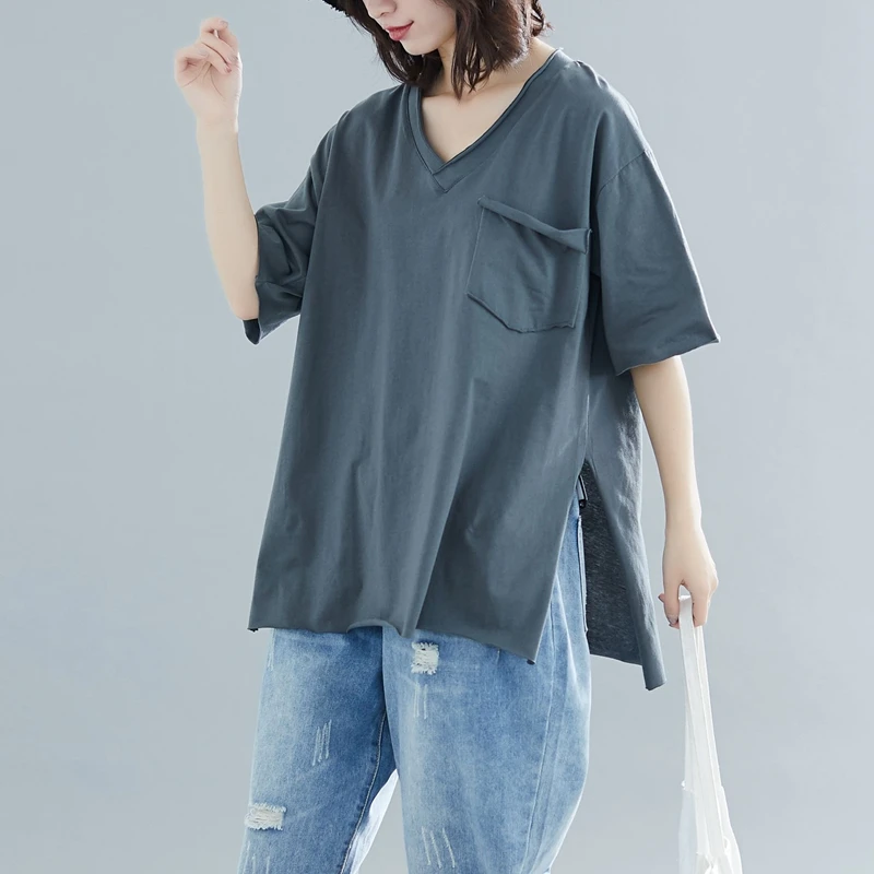 2019 Summer Cotton Solid Color Shirts Short Sleeve V-neck Pocket Split Korean Vintage Casual Female Top T-shirt
2019 Summer Cotton Solid Color Shirts Short Sleeve V-neck Pocket Split Korean Vintage Casual Female Top T-shirt