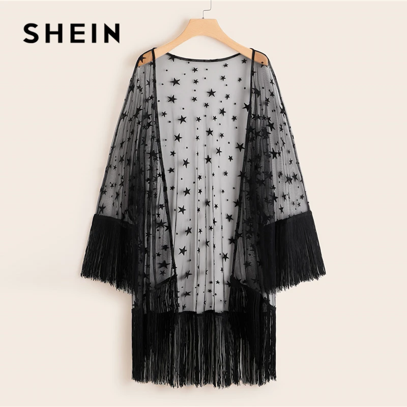 

SHEIN Plus Size Bohemia Fringe Hem Sheer Star Mesh Kimono 2019 Women Spring Summer Black Boho Half Sleeve Longline Kimonos