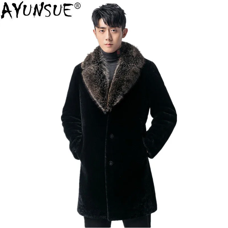 AYUNSUE Real Fur Coat Sheep Shearling Autumn Winter Jacket Men Raccoon Collar Long Coats Chaqueta Hombre8605 MY1216 | Мужская одежда