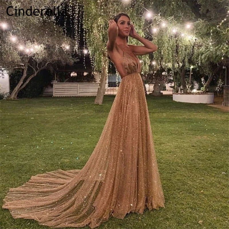 Cinderella Shining V-Neck Spaghetti Straps A-Line Sweep Train Sequins Backless Evening Dresses vestidos de fiesta de noche
Cinderella Shining V-Neck Spaghetti Straps A-Line Sweep Train Sequins Backless Evening Dresses vestidos de fiesta de noche