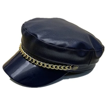 Women's Flat PU leather Military Hat with Chain Sharp visor Glossy Paint surface British style Navy Captain Cap Baker boy Black
Women's Flat PU leather Military Hat with Chain Sharp visor Glossy Paint surface British style Navy Captain Cap Baker boy Black