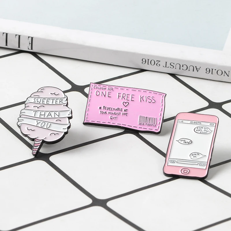 Romantic Sweet Love Life Pins One Free Kiss Coupon Pink Sweet Candyfloss Funny SMS Badge Enamel Brooches Pink Pin for Girlfriend
Romantic Sweet Love Life Pins One Free Kiss Coupon Pink Sweet Candyfloss Funny SMS Badge Enamel Brooches Pink Pin for Girlfriend