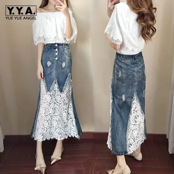 Elegant Summer New 2 piece set womens Sexy Slash Neck Half Sleeve Pullover Top Lace Patchwork Denim Frayed Mid Calf Slim Skirts
Elegant Summer New 2 piece set womens Sexy Slash Neck Half Sleeve Pullover Top Lace Patchwork Denim Frayed Mid Calf Slim Skirts