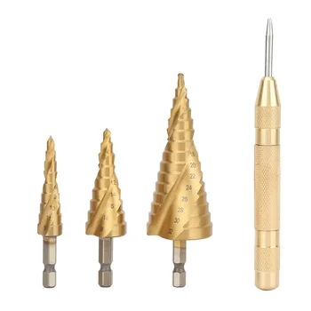 4pcs HSS Hex Handle Spiral Step Set Center Coated Step Power Tools Metal High Speed Steel Wood Hole Cutter Step Cone Drill Bit
4pcs HSS Hex Handle Spiral Step Set Center Coated Step Power Tools Metal High Speed Steel Wood Hole Cutter Step Cone Drill Bit
