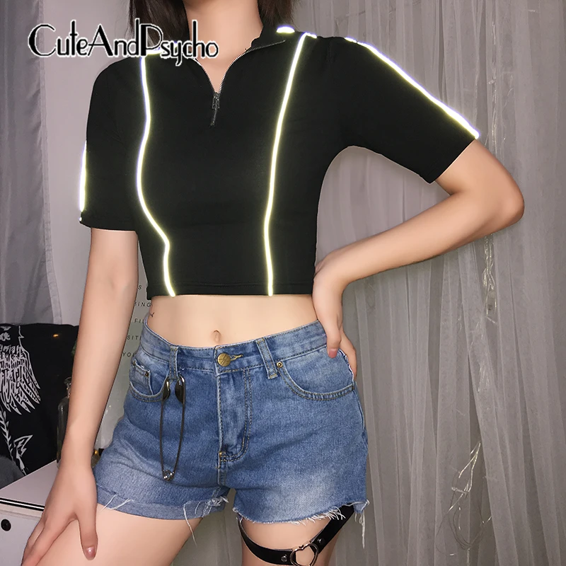 Reflective Short Sleeve Sexy Woman T Shirt Casual Cotton Harajuku T-shirt Black Solid Zipper Crop Top Summer 2019 Cuteandpsycho
Reflective Short Sleeve Sexy Woman T Shirt Casual Cotton Harajuku T-shirt Black Solid Zipper Crop Top Summer 2019 Cuteandpsycho