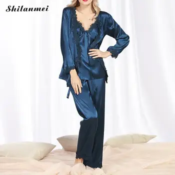 Elegant Lace Women Pajama Sets Autumn Long Sleeve Sleepwear Set 3 PCs Ladies Sexy V-neck Camis Coat Long Pant Breathable Pyjamas
Elegant Lace Women Pajama Sets Autumn Long Sleeve Sleepwear Set 3 PCs Ladies Sexy V-neck Camis Coat Long Pant Breathable Pyjamas