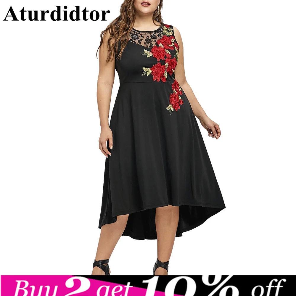 Plus Size Floral Embroidery High Low Dress A-Line Elegant Sleeveless Fall Spring Summer Mid-Calf Black Party Dress
Plus Size Floral Embroidery High Low Dress A-Line Elegant Sleeveless Fall Spring Summer Mid-Calf Black Party Dress