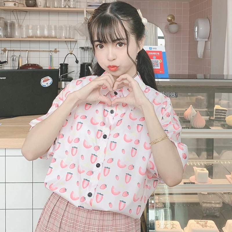Harajuku Pink Shirts Women New Summer Shirts Cotton Sweet Strawberry Print Shirts Loose Short Sleeve Chiffon Shirts Female
Harajuku Pink Shirts Women New Summer Shirts Cotton Sweet Strawberry Print Shirts Loose Short Sleeve Chiffon Shirts Female