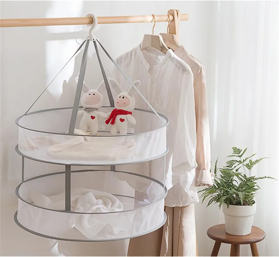 Iumer Fine Nesh Clothes Basket Three-Layer Windproof Zipper Laundry Hanging Drying Net Rack Mesh Storage,Brown