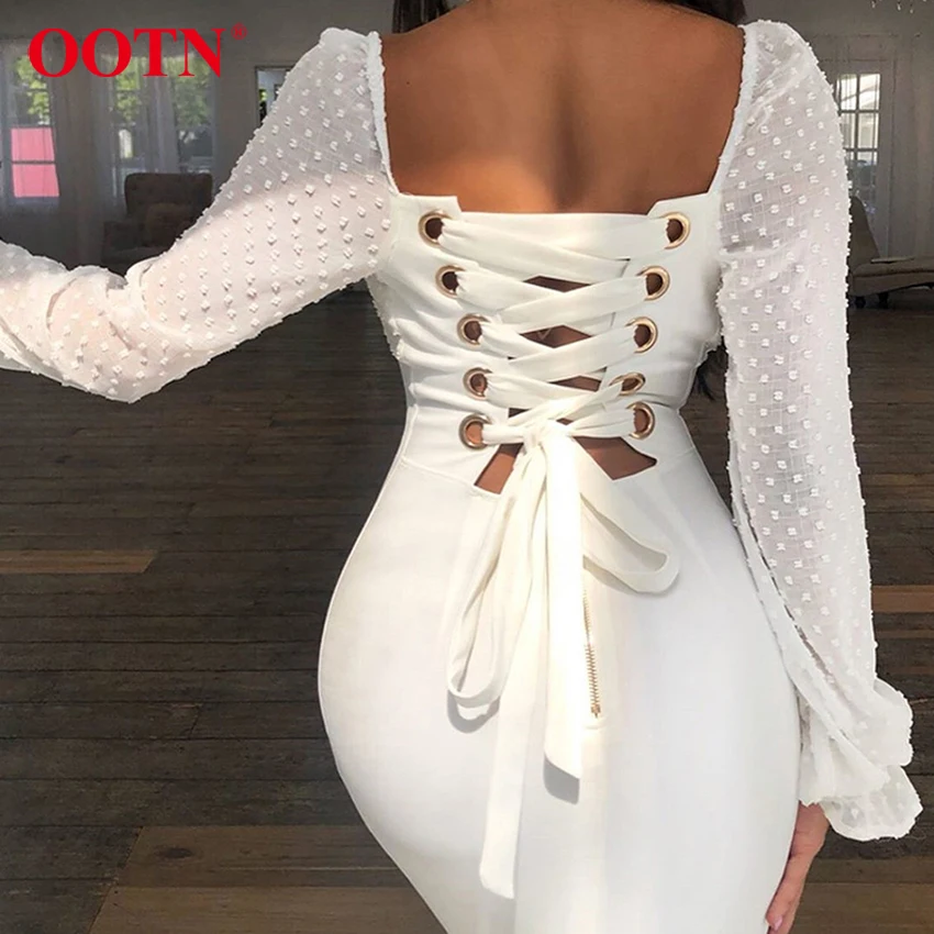 OOTN Elegant Flare Sleeve Dot White Women Dress Bodycon Backless Lace Up Square Collar Midi Long Dresses 2019 Autumn Ladies Sexy
OOTN Elegant Flare Sleeve Dot White Women Dress Bodycon Backless Lace Up Square Collar Midi Long Dresses 2019 Autumn Ladies Sexy