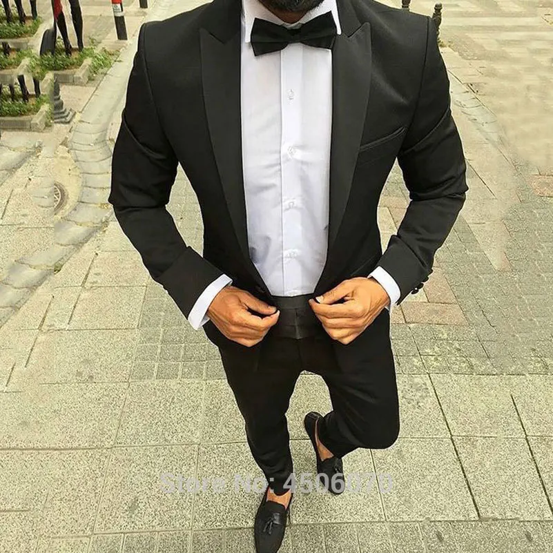 

Black Men Suits Slim Fit Wedding Tuxedos Groom Wear Peaked Lapel Groomsman Suits 2Pcs Jacket Pants Bridegroom Prom Costume Homme