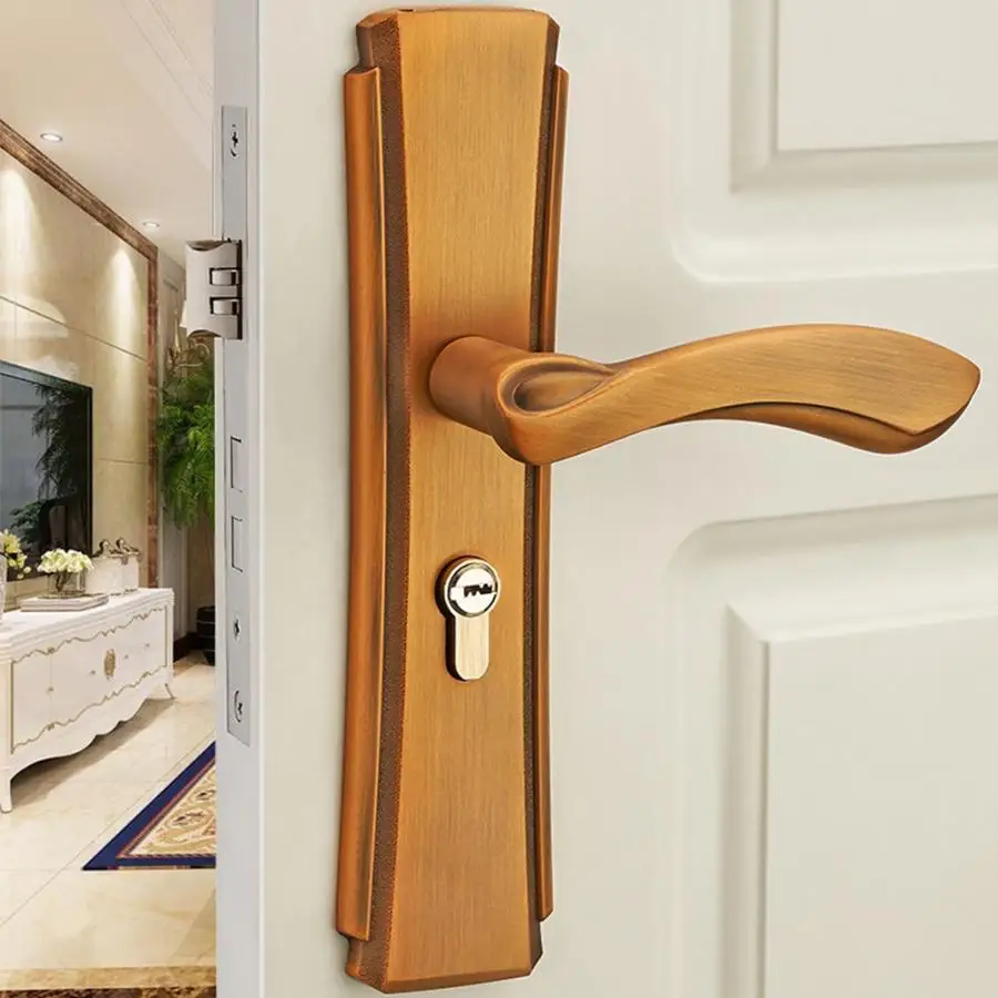 Lock Core Key European And American Handle Door Lock Silent Wooden Door Zinc Alloy Lock-yellowbronze Bedroom Bathroom Kitchen Lever Door Lock Handle