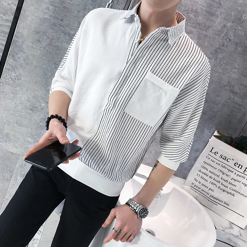 2019 Men Shirt Dress Front Pocket Design Shirt Men Slim Fit Casual Blouses Fashion Stripe Splicing Men Clothes Turn Down Collar
2019 Men Shirt Dress Front Pocket Design Shirt Men Slim Fit Casual Blouses Fashion Stripe Splicing Men Clothes Turn Down Collar