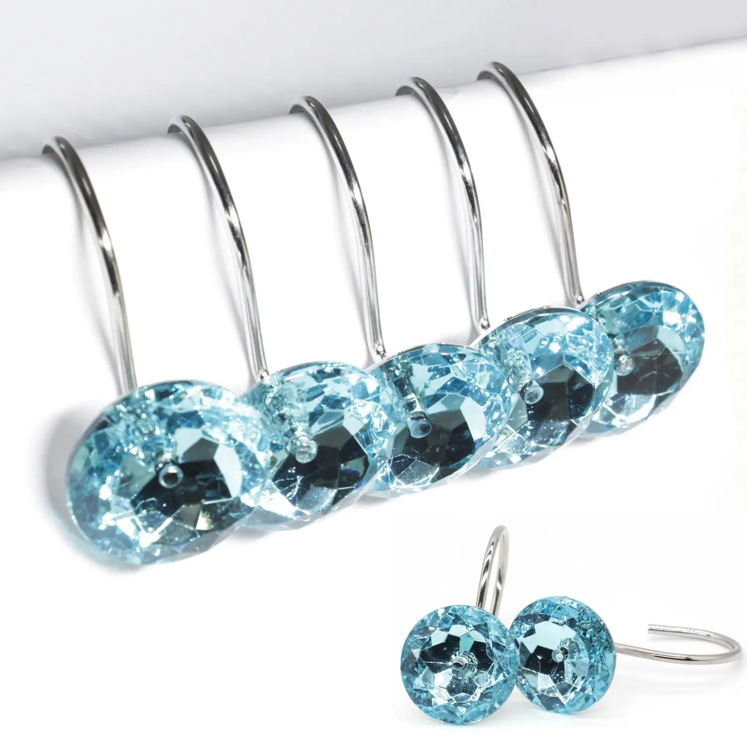 

12 PCS Lovely Clear Acrylic Blue Crystal Shower Curtain Hooks Shower Rings