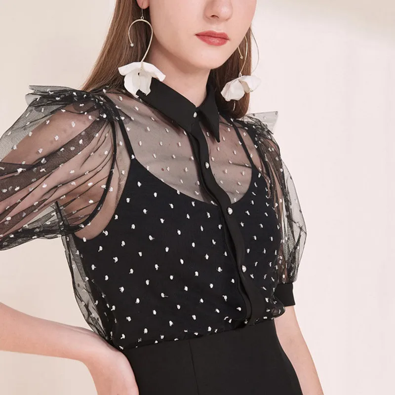 2019 Summer Women Black Color Dot Mesh Patchwork Puff Sleeves A-line Dresses Turn-down Neck Single Breasted Elegant Sexy Party
2019 Summer Women Black Color Dot Mesh Patchwork Puff Sleeves A-line Dresses Turn-down Neck Single Breasted Elegant Sexy Party