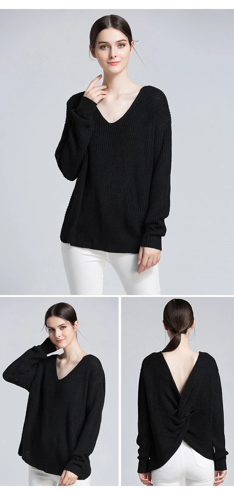 European and American women's spring and autumn and winter new solid color V-neck pullover sweater sexy leak-back sweater (4)
