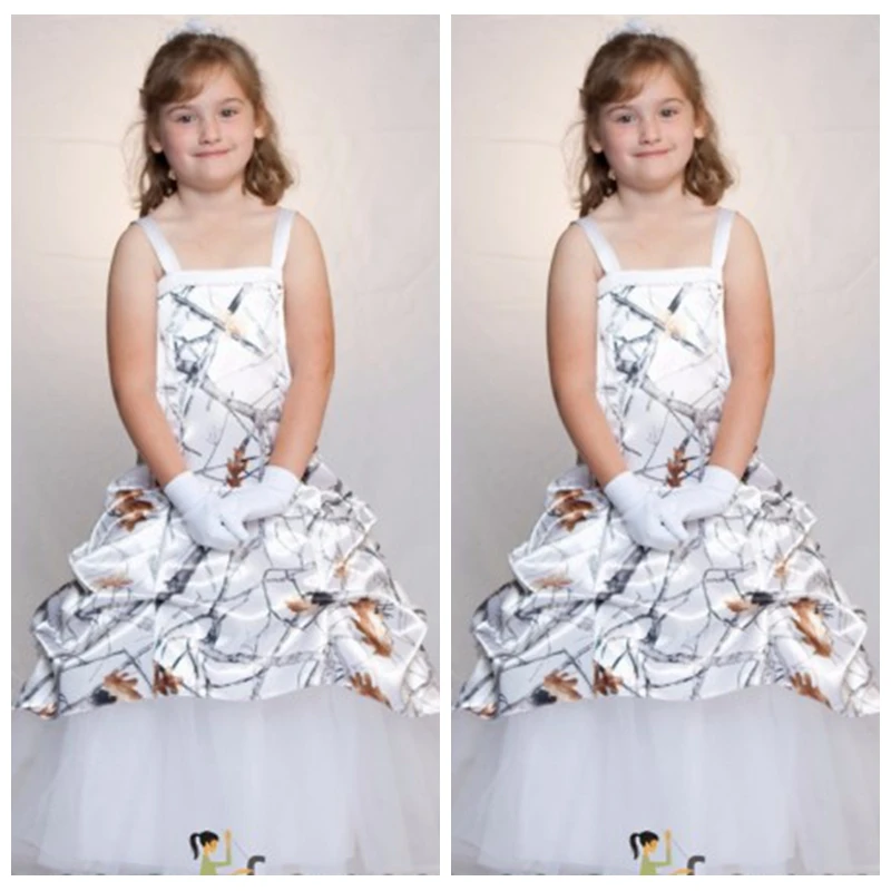 Фото ТРАПЕЦИЕВИДНОЕ белое камуфляжное платье для девочек на тонких бретельках с