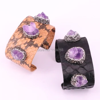 Fashion 4Pcs Snake Leather With Nature Purple Stone Bangle Bracelet Pave Rhinestone Open Cuff Adjustable Bangles 
Fashion 4Pcs Snake Leather With Nature Purple Stone Bangle Bracelet Pave Rhinestone Open Cuff Adjustable Bangles