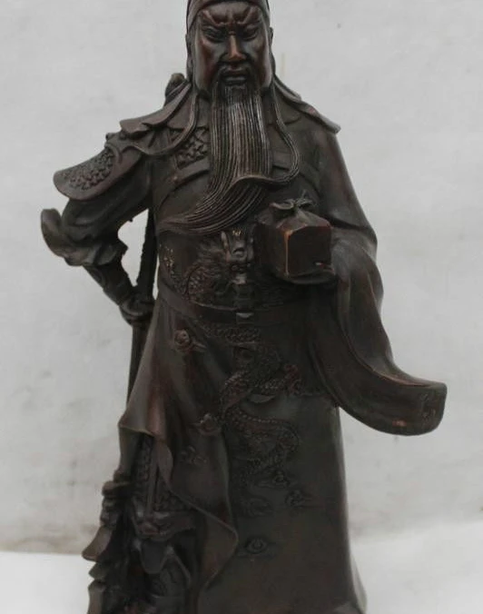 12"Lucky Chinese Bronze Guan Gong Yu Dragon Warrior God Sword Seal Statue