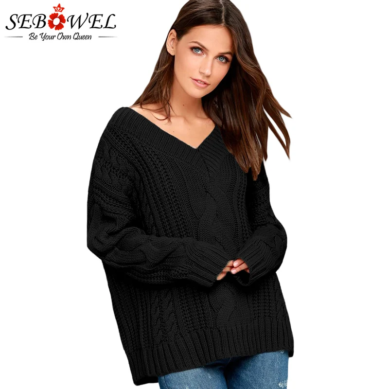 Black-Cable-Knit-V-Neck-Sweater-LC27873-2-1