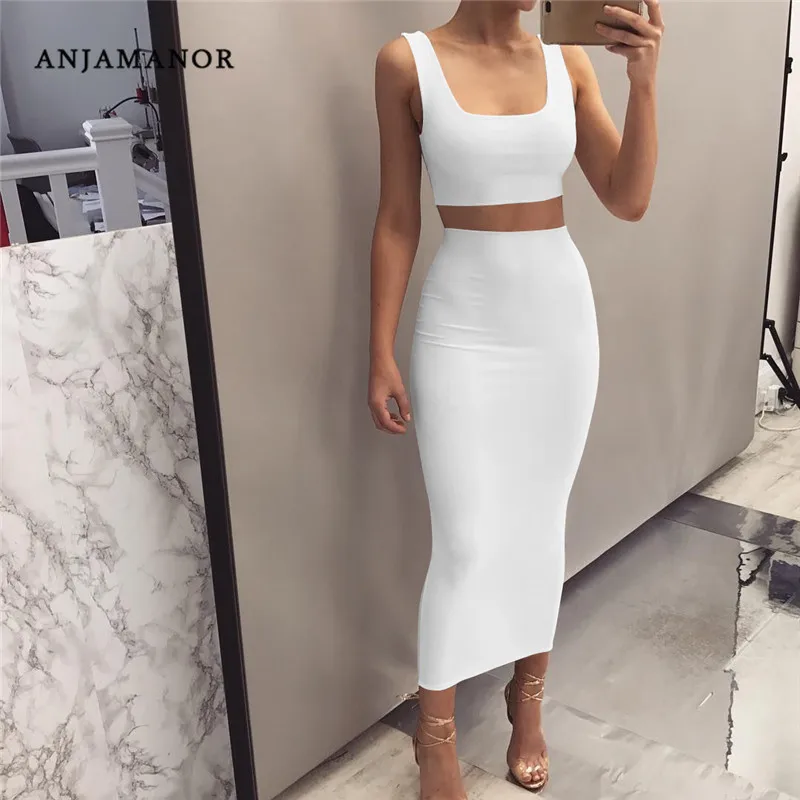 

ANJAMANOR Sexy White Two Piece Set Crop Top and Long Skirt Matching Sets Summer Club 2 Piece Outfits for Women Dress D53-AA07