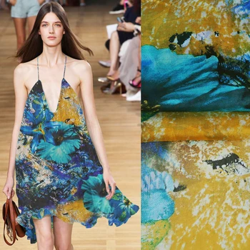 130CM Wide 6MM Blue Floral Print Thin Yellow Silk Chiffon Fabric for Summer one-piece dress Shirt Clothes JH114
130CM Wide 6MM Blue Floral Print Thin Yellow Silk Chiffon Fabric for Summer one-piece dress Shirt Clothes JH114
