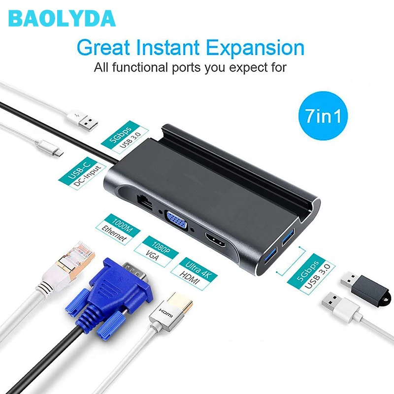 Baolyda USB C HUB Thunderbolt 3 adapter 7in1 Type C DOCK 4K HDMI Ethernet VGA PD USB 3.0 Ports for MacBook Pro C-Type Devices
Baolyda USB C HUB Thunderbolt 3 adapter 7in1 Type C DOCK 4K HDMI Ethernet VGA PD USB 3.0 Ports for MacBook Pro C-Type Devices