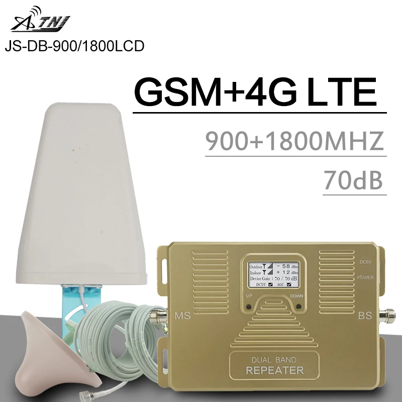 

ATNJ GSM 900MHz Moblie Phone Signal Repeater 4G LTE DCS 1800MHz Dual Band Cellular Amplifier ALC Smart LCD 70dB Gain Booster Kit