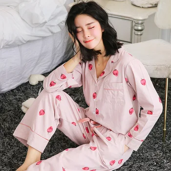 Strawberry Print Top And pants Pajama Set Women Cotton Pajama Long Sleeve Preppy Pajama Sets Nightwear 2018 Casual Sleepwear 
Strawberry Print Top And pants Pajama Set Women Cotton Pajama Long Sleeve Preppy Pajama Sets Nightwear 2018 Casual Sleepwear