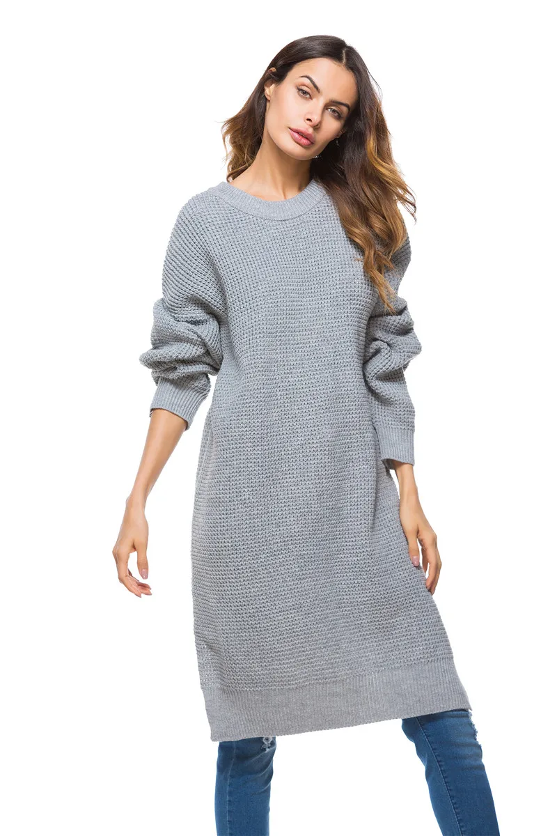 2018 spring new European and American large size women's knit dress loose long knit sweater women (15)