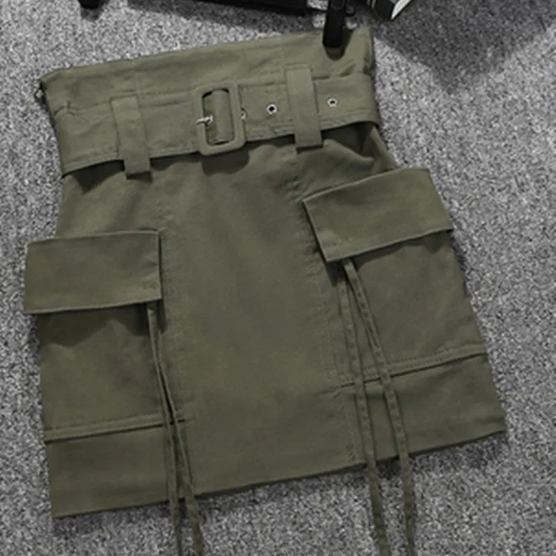 

Faldas Mujer Moda 2019 Summer High Waist Mini Skirt Elegant Belted Buttons Decor Cotton Short Skirt Jupe Femme Army Green Khaki