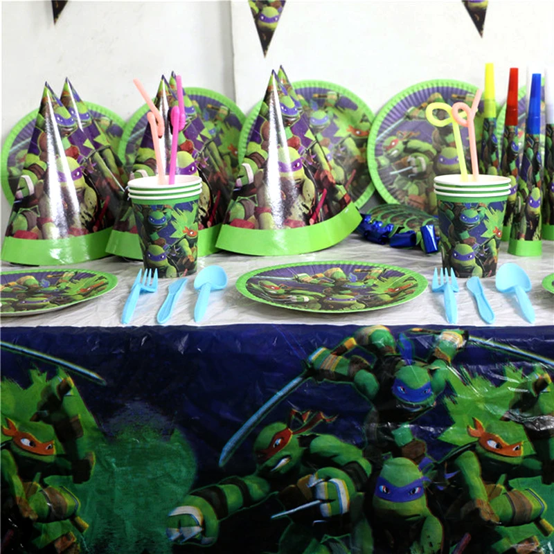 

91pcs/lot Happy Birthday Party Tablecover Boys Favors Napkins Ninja Turtles Theme Tablecloth Decoration Flags Baby Shower Cups