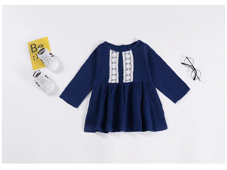 Mother nest Lone Sleeves Baby Girl Lace Dress Dark Blue Linen Cute Newborn Clothes Dresses Children Simple Cotton 1st Birthday (14)