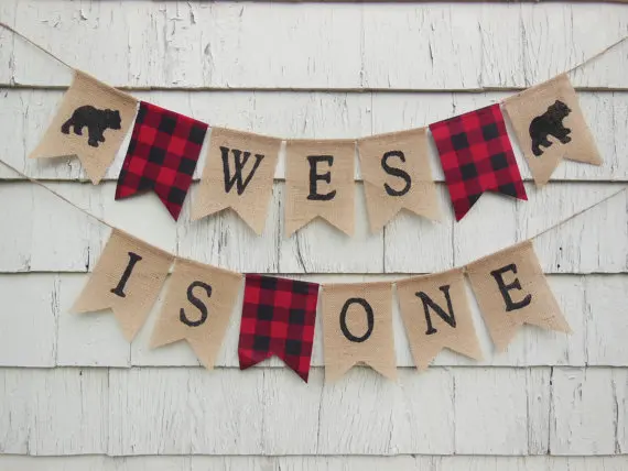 

custom name age Lumberjack first birthday burlap Banners baby shower nursery room sign party Buntings garlands Photo Prop