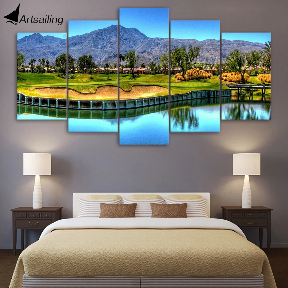 HD Printed 5 Piece Canvas Art Mountain Golf Course Painting Lake Wall Pictures for Living Room Decor Free Shipping CU-1686A | Дом и сад