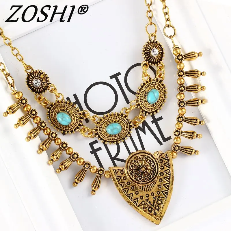 

Gypsy Ethnic Jewelry Antient Gold Silver Steampunk Metal Spike Tassels Vintage Carved Triangle Pendant Choker Necklace for women