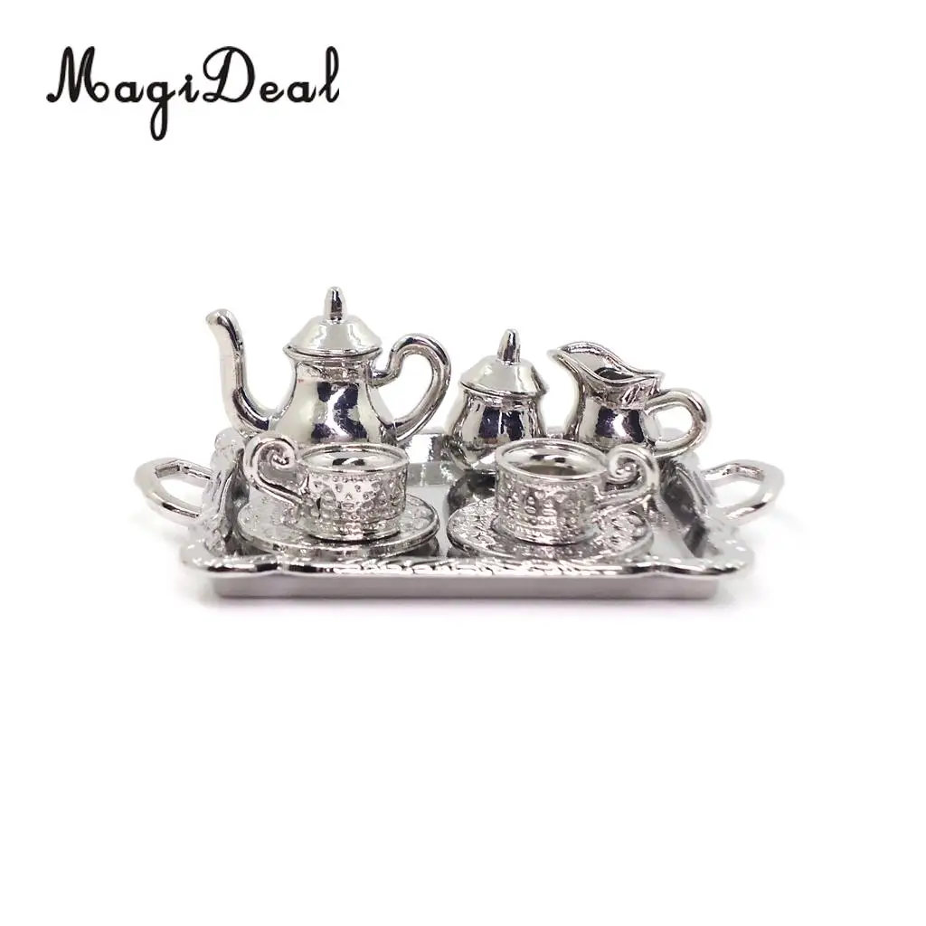 10Pcs Silver Alloy Tea Lid Pot Cups Tray Set for 1:12 Dollhouse Miniature Doll Home House Model Furniture Decor Accs