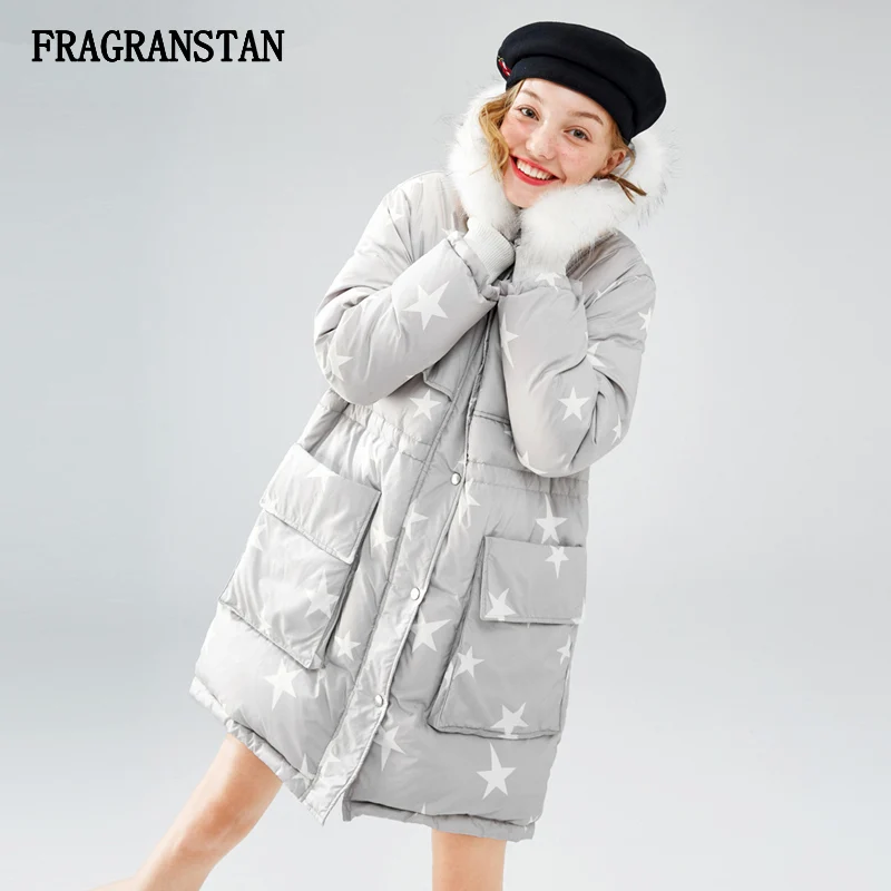 Lady 2017 Winter New Thick Keep Warm Big Fur Collar Hooded Down Jacket Fashion Star Pattern Printed Gray Casual Vestidos JQ233
Lady 2017 Winter New Thick Keep Warm Big Fur Collar Hooded Down Jacket Fashion Star Pattern Printed Gray Casual Vestidos JQ233